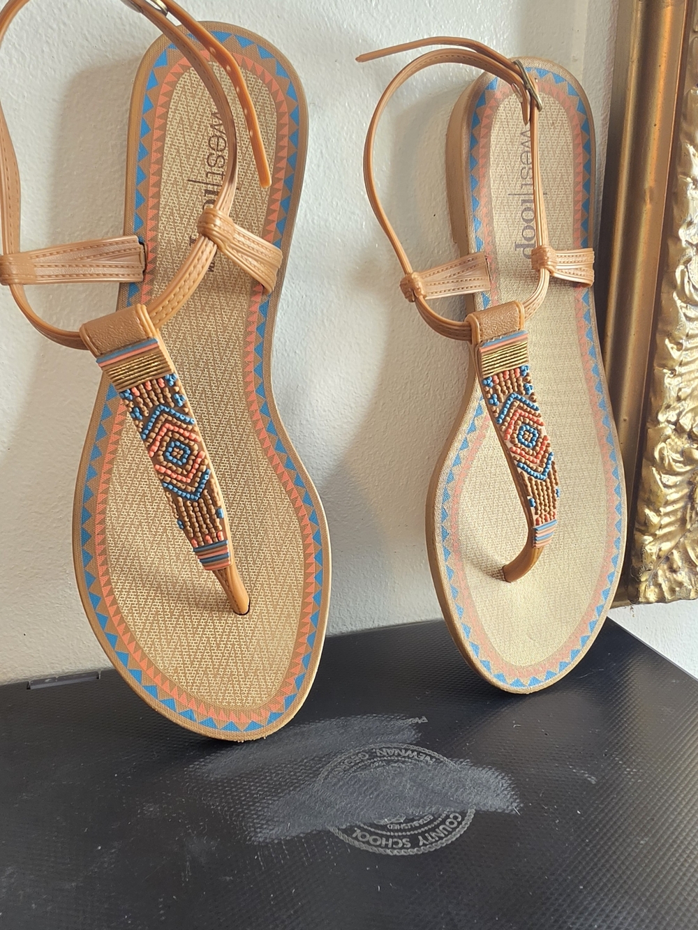 West Loop Tan Beaded T-Strap Sandals for Women Size 8